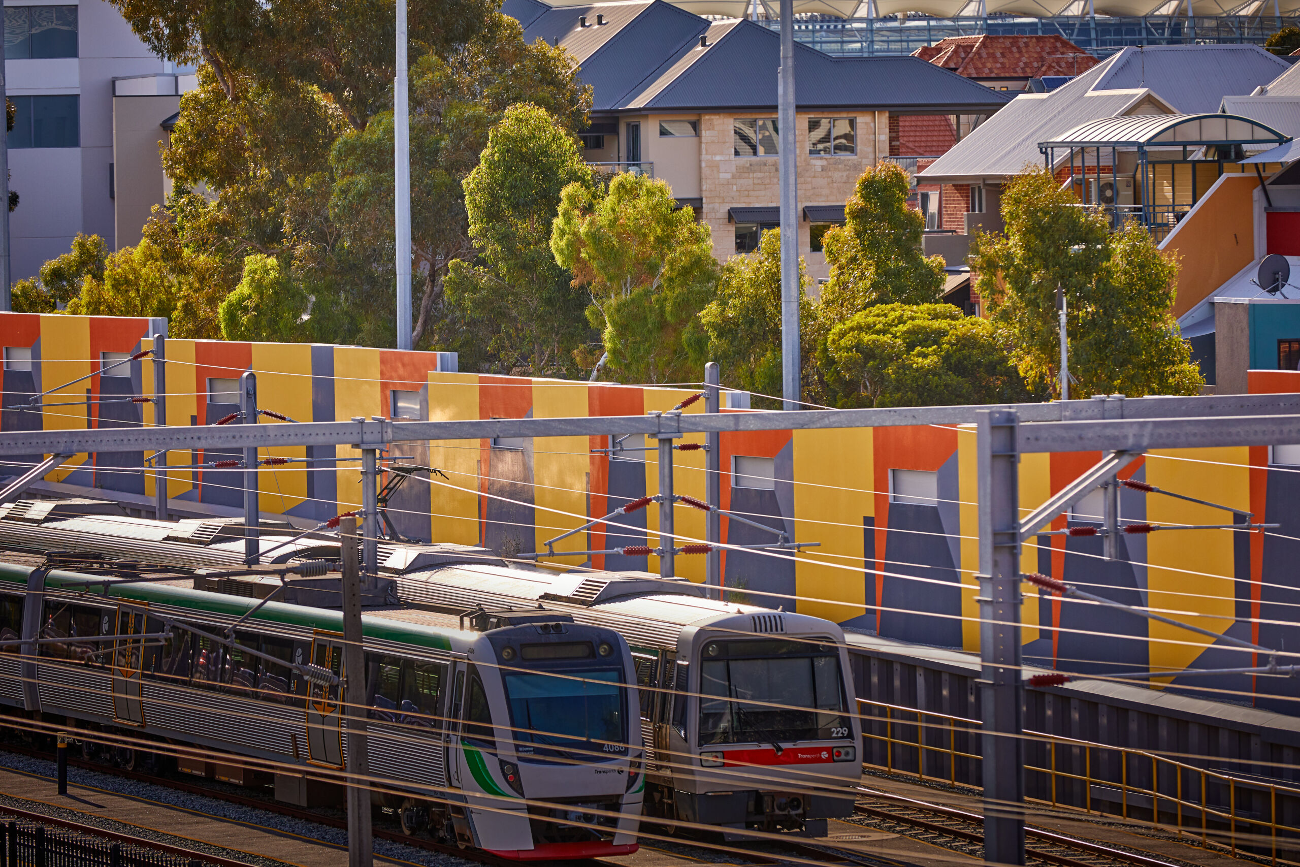 Noise wall barriers with architectural finish at Claisebrook Rail Depot in East Perth, Western Australia