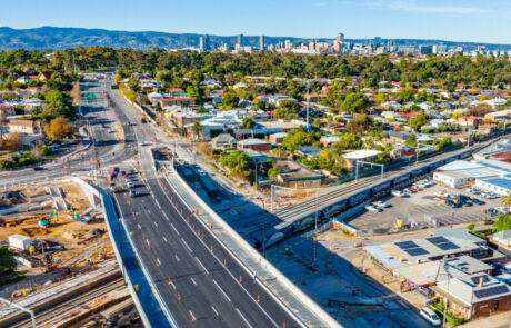 Aerial view of the new bridge at the completed Ovingham Level Crossing Removal Project in Adelaide, South Australia
